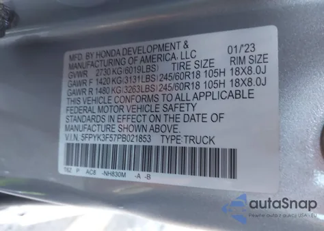 2023 Honda Ridgeline Rtl z USA, uszkodzony, nr VIN 5FPYK3F57PB021853